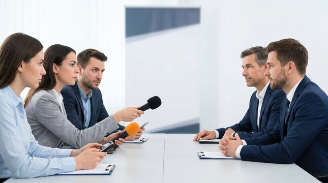 Press conference with journalists interviewing business professionals. Media reporters holding microphones across a table to spokespersons