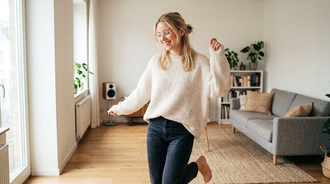 Young blonde woman with fair skin dancing alone at home during the day, eyes closed and smiling naturally, hair tied back, wearing transparent glasses and an oversized sweater