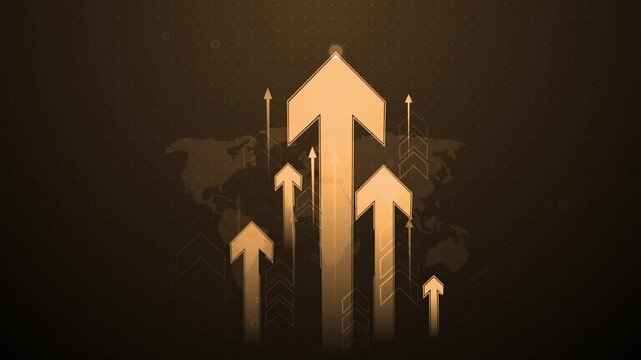 Abstract business growth concept with rising arrows over a world map background animation, Rising arrow progress success and global financial increase.