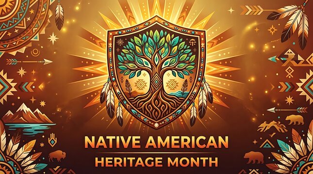 Native American Heritage Month celebration graphic featuring shield