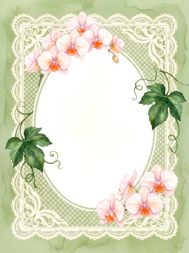 Watercolor pink orchid frame with vintage lace border and green ivy