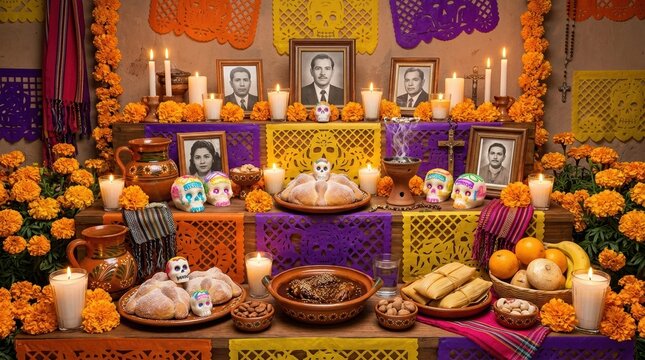 Traditional Mexican food on Day of the Dead altar. Dia de los Muertos ofrenda with mole tamales pan de muerto and sugar skulls