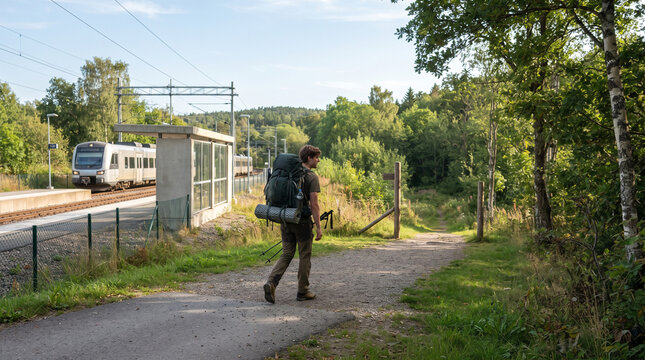 Hiker with large backpack walking on path near train station and forest
