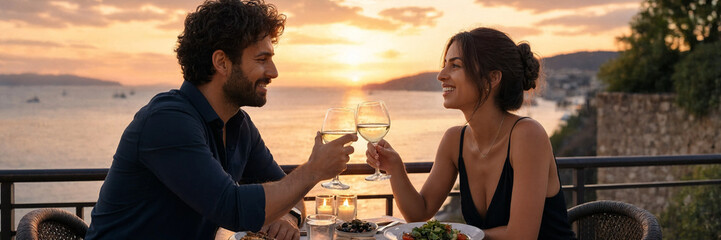 Naklejka premium Young man and young woman toast with white wine at an outdoor seaside dinner as the sun sets. Relaxed romantic evening by the water.