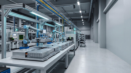 Obraz premium Robotic arm assembling electric vehicle battery modules on automated production line in modern smart factory