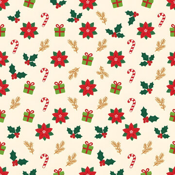 Holiday pattern with poinsettias, candy canes and gifts