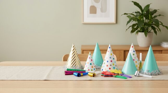 Colorful party hats and noisemakers on a wooden table. Festive birthday celebration decorations in a modern minimalist home interior. Copy space for text