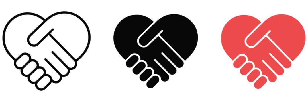 handshake heart icon set, partnership and cooperation symbol, business agreement emblem, friendship support gesture, teamwork collaboration graphic, trust relationship concept, community connection de
