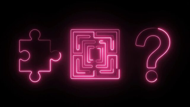 Magenta Neon Puzzle Piece Maze and Question Mark Icons Motion Video