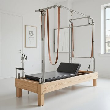 Sleek wood-framed Pilates reformer machine with leather straps in a bright white studio