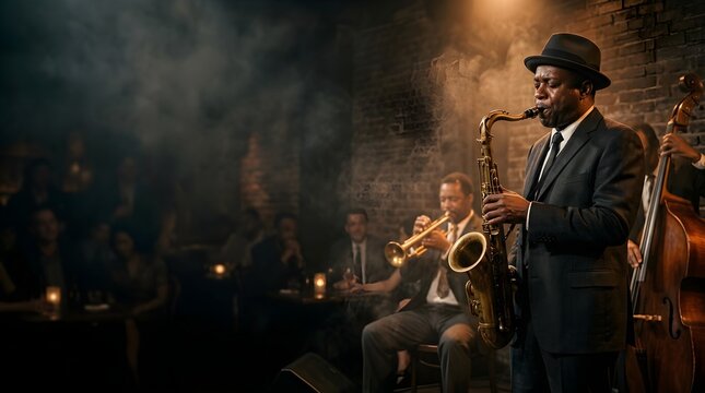 Jazz band with saxophone performing live in smoky nightclub