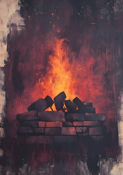 Glowing red and orange flames with dark smokey coals creating a warm and inviting atmosphere around a fireplace.