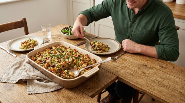 Man serving homemade stuffing from baking dish. Wholesome Thanksgiving or holiday meal on rustic wooden table