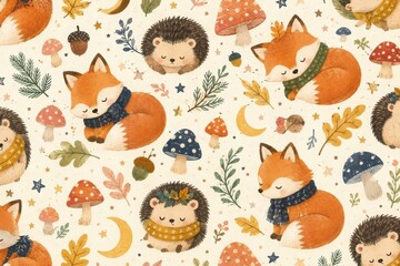Fototapeta premium Whimsical woodland foxes, hedgehogs, mushrooms, autumn leaves pattern