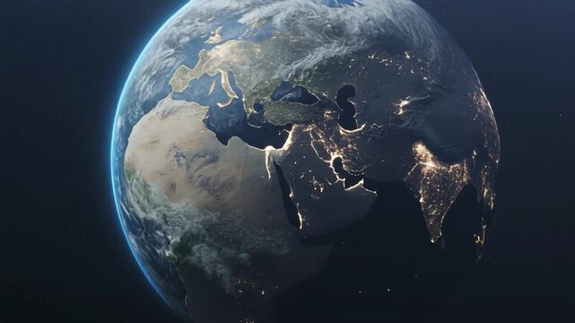 Planet Earth rotating in deep space with city lights visible during cinematic night