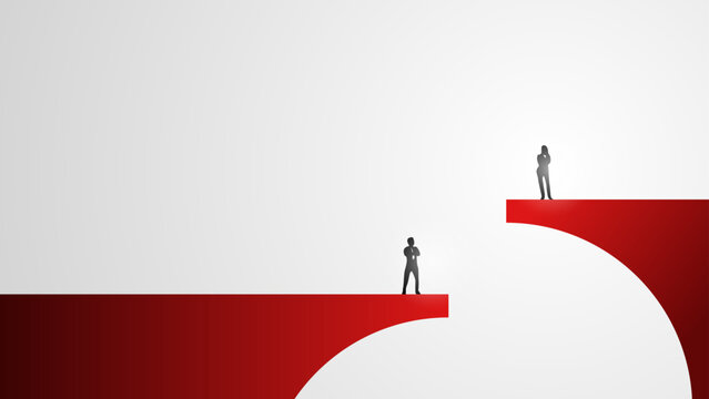 A man stands beneath a woman, with a bridge separating them. Differences in opinion, mindset, position, process, and achievements. Suitable for presentations on achievements or business.