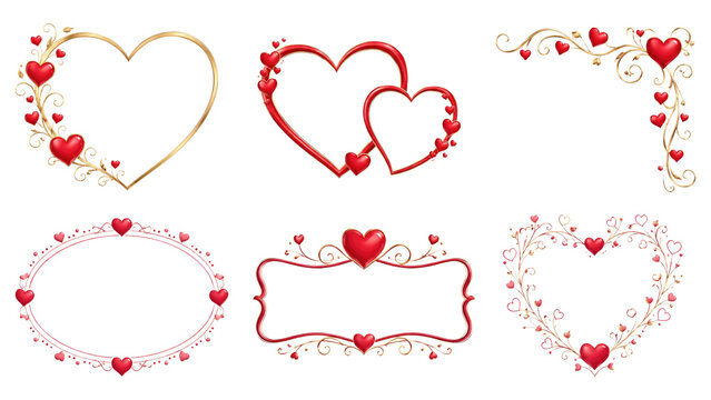 Six decorative heart frames and borders in red and gold with ornate swirls and small hearts, ideal for Valentine's, wedding, anniversary or romantic greeting designs