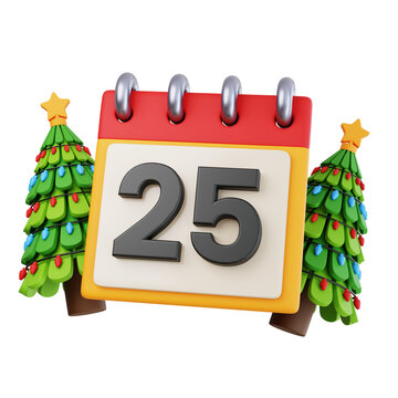 3D Christmas calendar showing December 25, rendered illustration isolated on transparent background