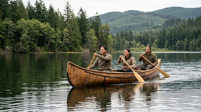 Indigenous people paddling a traditional carved wooden canoe on a lake. Native group rowing a boat in a scenic forest landscape