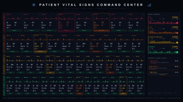 High-quality visualization of a patient vital signs command center with multiple beds monitored across hospital wards, showcasing dynamic biometric data and alert statuses.