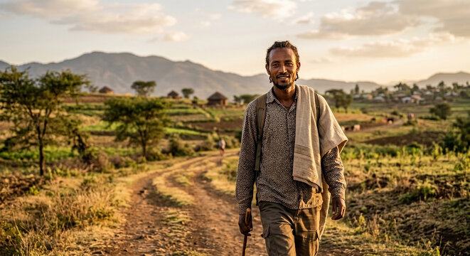
An Ethiopian farmer walking on a rural village path at sunset