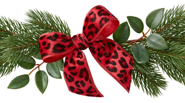 Red leopard print bow with christmas pine border garland isolated on white background, glam holiday pine branch header clipart