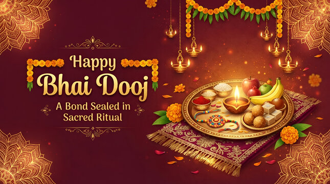 appy bhai dooj celebration with traditional diwali diya lamp and sweets on decorative tray