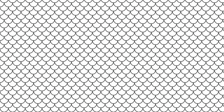 Seamless black and white fish scale pattern background, with overlapping arched, arcs and geometric lines