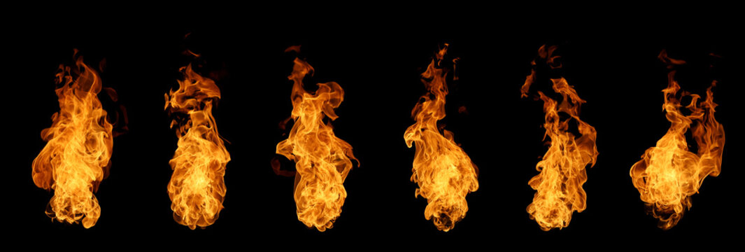 Set of vertical fire flame plumes burning intensely against a black background. Isolated blazing fire streams, hot sparks, and dynamic thermal energy effects for design and digital overlays.