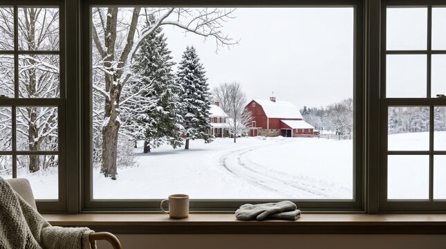 Cozy winter view through a window with a warm mug and mittens on the sill. Snow covered rural landscape with a classic red barn