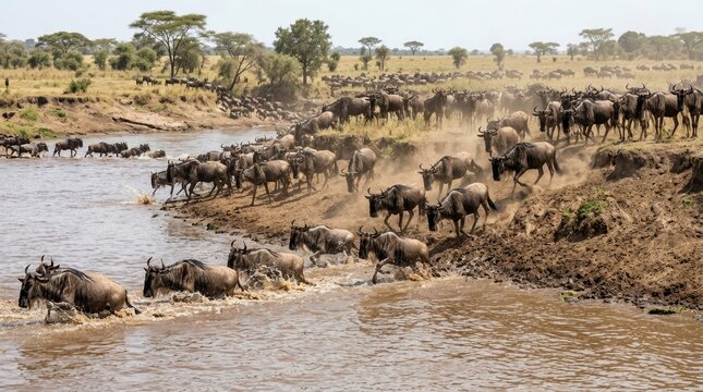 Wildebeest herd crossing the Mara River during annual migration. Wildlife action shot of gnus splashing through water in African savanna