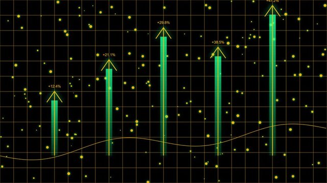 Green bar graph data visualization with subtle particle effects during a network analysis