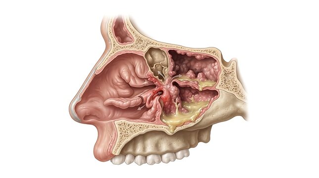 Sagittal medical illustration of the nasal cavity and sinuses depicting inflammation and mucus buildup