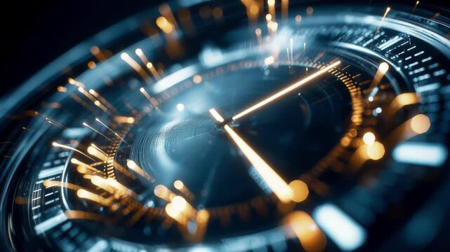 Macro view of glowing futuristic clock dial with golden hands and blue glass reflections on dark blurred background, time technology concept