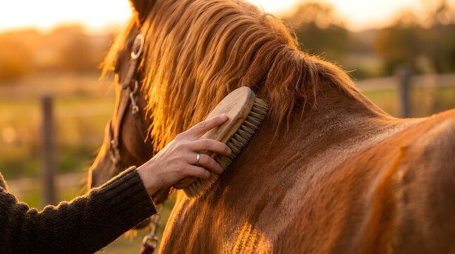 Person brushing brown horse mane at golden sunset field