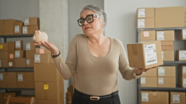 Woman holding a piggy bank and a parcel, shrugging with raised palms in a storage building; budget concern.