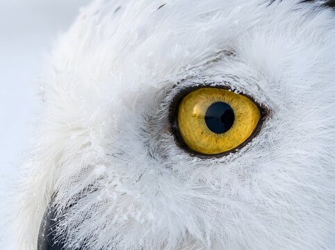 Macro Shot of Bright Yellow Eye of Snowy Owl with White Feathers