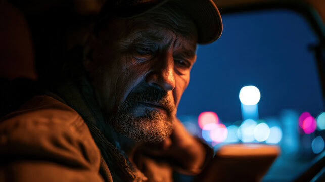 Senior truck driver holding smartphone during nighttime video call from vehicle cab with colorful city lights outside