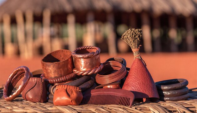 Traditional Himba jewelry and craft display at a homestead in northern Namibia