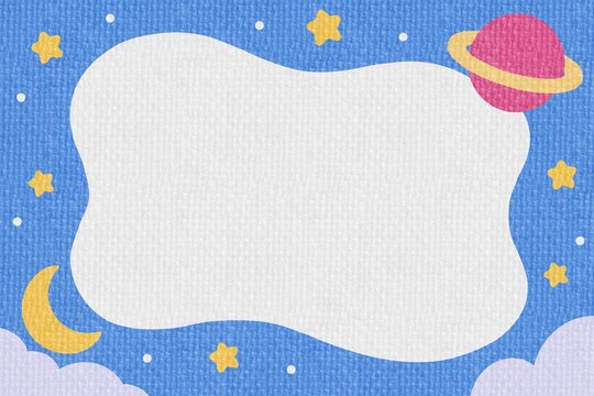 Cute outer space frame background with planet moon and stars on blue canvas texture