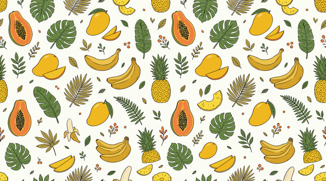 Vibrant tropical fruit and lush leaf pattern featuring bananas pineapples papayas and various verdant foliage