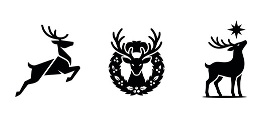 Fototapeta premium Black silhouettes of deer with antlers and floral ornament