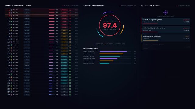 Explore an advanced AI clinical prioritization dashboard featuring real-time patient ranking, urgency metrics, and intervention needs displayed in a sleek dark-mode interface.