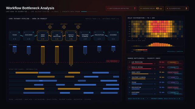 A clinical workflow bottleneck analysis dashboard visualizes delayed tasks and care delivery issues with an animated heatmap and KPI indicators in a dark mode layout.