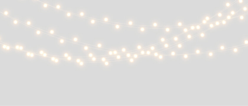 Vector Christmas lights on a transparent background. Christmas light PNG. Set of Christmas glowing garlands. For advertising invitations, web banners, postcards. Vector. Christmas decoration, LED lam