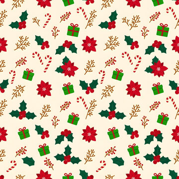 Holiday gift wrap pattern with poinsettias and leaves