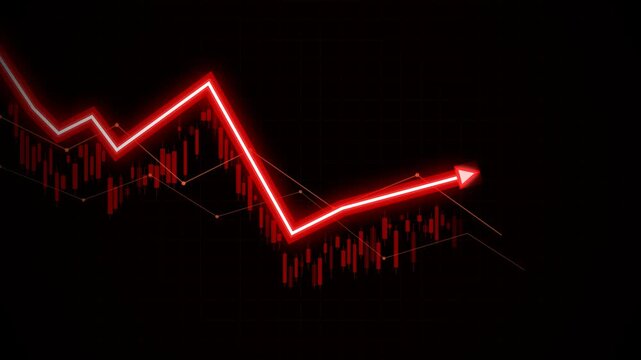 Neon red stock market crash graph with falling arrow and bearish candlestick chart on dark background