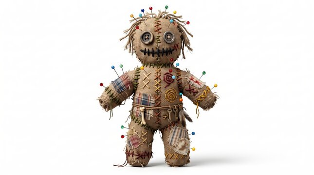 Halloween voodoo doll with colorful pins isolated on white background
