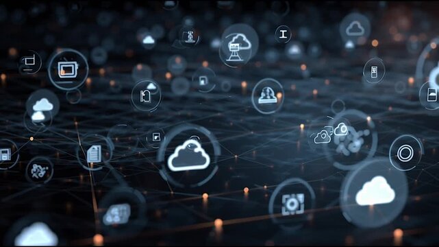 abstract cloud social media innovative cyber security network, using interconnected nodes to represent business partnerships on the Smart digital Innovation city with connection network reciprocity