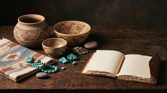 Ancient pottery and jewelry displayed on a rustic wooden table with an open book.